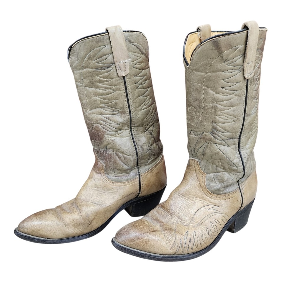 Vintage Wrangler Cowboy Boots Men's 8.5 EE Tan Gray Leather Western USA Made